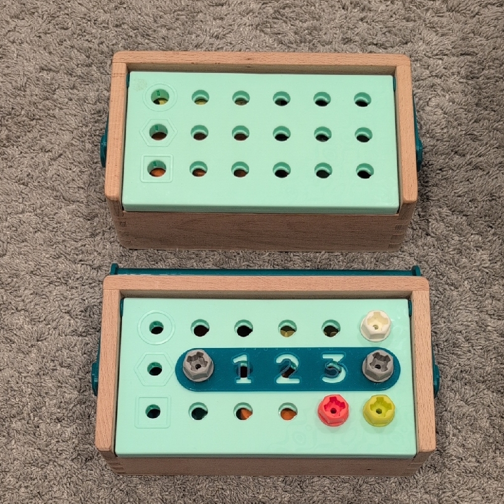 2 Wooden Construction/Building Toy with Colorful Pegs & Container
